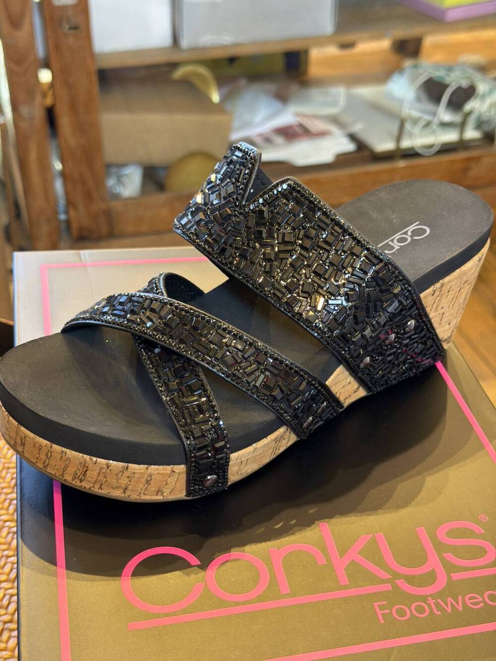 NEW CORKYS FOOTWEAR women's beaded and embellished wedges in black sparkle
